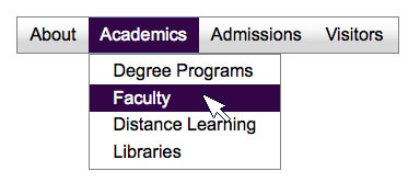 Screen shot of a dropdown menu with top-level menu items About, Academics, Admissions, and Visitors; the Academics dropdown menu is open and visible