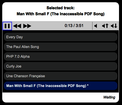 Accessible Audio Player in high contrast mode on a Mac. All colors, including those of the controller icons, are inverted